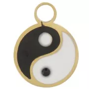 Breloque ronde 10 mm avec résine époxy - motif Yin et Yang - Acier inoxydable 316L Doré x1