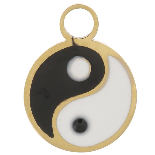 Breloque ronde 10 mm avec résine époxy - motif Yin et Yang - Acier inoxydable 316L Doré x1