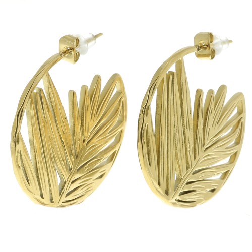 Créoles ouvertes 30 mm avec feuille de palmier - Acier inox 316L Doré x2