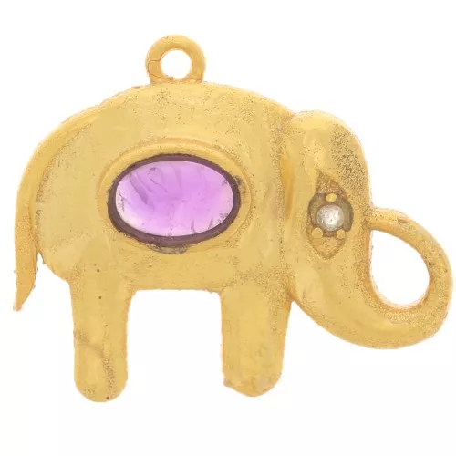 Pendentif éléphant 18x22 mm cabochon gemme et CZ - Doré à l'or fin - Amethyste