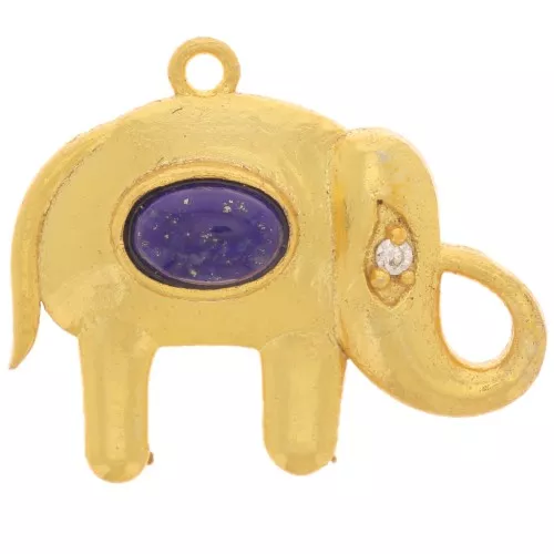 Pendentif éléphant 18x22 mm cabochon gemme et CZ - Doré Or fin - Lapis lazuli
