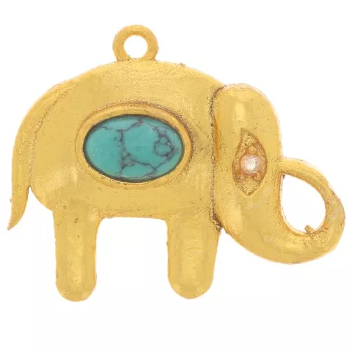 Pendentif éléphant 18x22 mm cabochon imit gemme et CZ - Doré Or fin - Turquoise