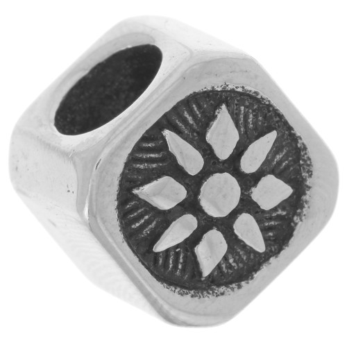 Perle carré 13 mm gros trou - motif soleil - Acier inoxydable 304L x1