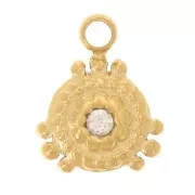 Mini breloque ronde travaillée 8x6 mm avec strass - Acier inoxydable 304L Doré