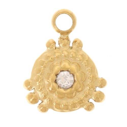 Mini breloque ronde travaillée 8x6 mm avec strass - Acier inoxydable 304L Doré