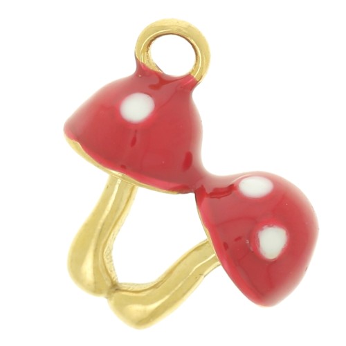 Breloque champignons 12x11 mm avec résine époxy - Acier inox 304L Doré - Rouge