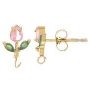 Clous d'oreilles fleur 11x7mm anneau ouvert et CZ Acier inox 304L Doré - Rose x2