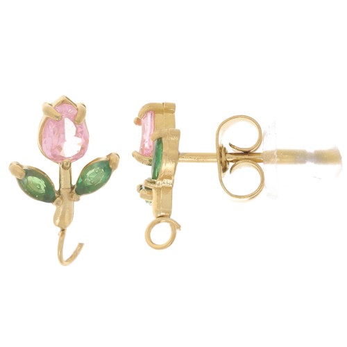 Clous d'oreilles fleur 11x7mm anneau ouvert et CZ Acier inox 304L Doré - Rose x2