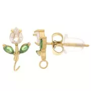 Clous d'oreilles fleur 11x7mm anneau ouvert et CZ Acier inox 304L Doré - Crystal