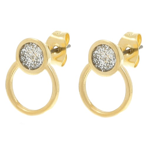 Boucles d'oreilles cercle 14x11 mm résine époxy - Doré Or fin - Pailleté Argent