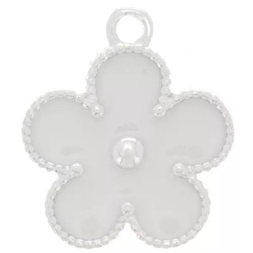 Breloque fleur 18x15 mm avec résine époxy - Argent 925 - Blanc pailleté x1