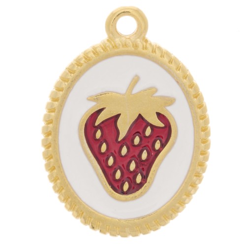 Pendentif ovale 19x14 mm - motif fraise - Doré à l'or fin - Blanc - Rouge x1