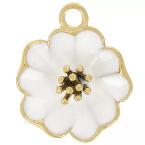 Pendentif fleur 22 mm avec résine époxy - Acier inox 304L Doré - Blanc x1