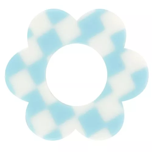 Pendentif fleur 18 mm en acetate - Carreaux Bleu ciel - Blanc x1