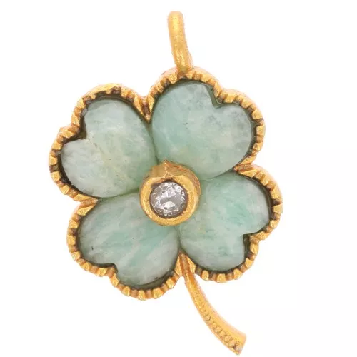 Pendentif fleur 21x13 mm pierre gemme et CZ - Doré à l'or fin - Amazonite x1