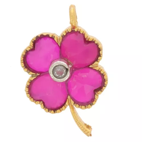 Pendentif fleur 21x13mm pierre gemme teintée et CZ Doré Or fin - Calcedoine rose