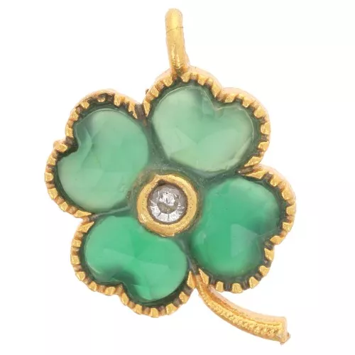 Pendentif fleur 21x13mm pierre gemme teintée et CZ - Doré Or fin - Onyx vert