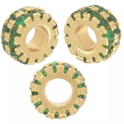 Perle rondelle 8 mm avec Oxydes de Zirconium - Doré à l'or fin - Vert x1