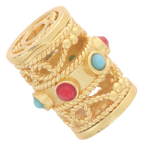 Perle tube ajouré travaillé 12x9 mm - imitation pierres gemme - Doré à l'or fin