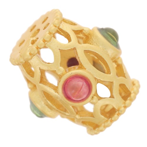 Perle tube ajouré travaillé 9x7mm avec imitation pierres gemme - Doré à l'or fin