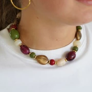 Perle olive 21x15 mm en résine opaque - Beige marbré marron - doré x1