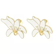 Clous d'oreilles fleur 14x20 mm - résine époxy - Acier inox 304L Doré - Blanc x2