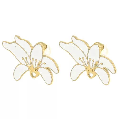 Clous d'oreilles fleur 14x20 mm - résine époxy - Acier inox 304L Doré - Blanc x2