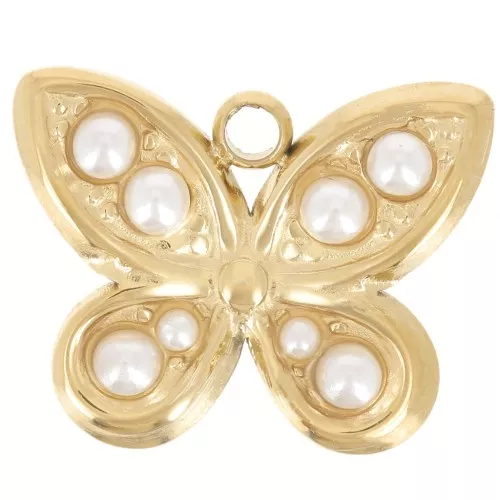 Breloque papillon 12x14.5 mm avec perles imitation nacre - Acier inox 304L Doré x1