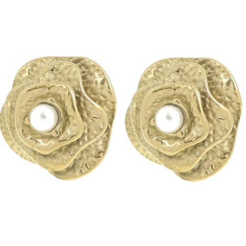 Boucles d'oreilles fleur 22mm avec perle imitation nacre - Acier inox 304L Doré x2
