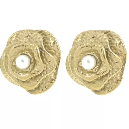Boucles d'oreilles fleur 22mm avec perle imitation nacre - Acier inox 304L Doré x2