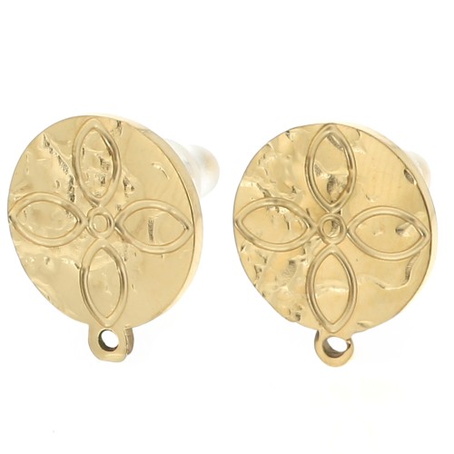 Clous d'oreille rond martelé 12 mm - motif rosace - Acier inoxydable 304L Doré x2