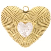 Pendentif coeur strié 19x22.5 mm avec strass - Acier inoxydable 304L Doré x1|raw }}