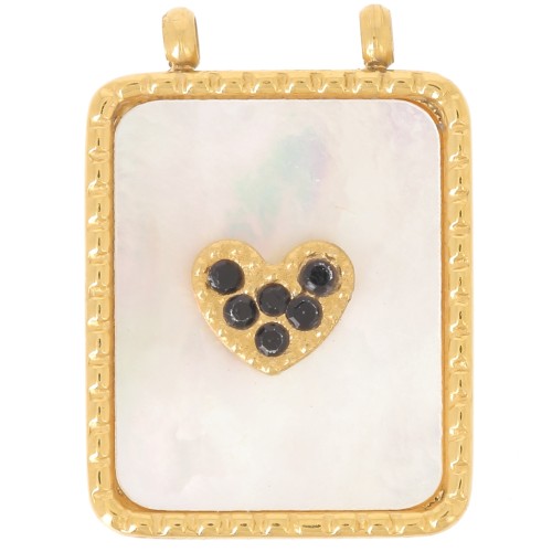 Pendentif rectangle martelé 19x14 mm avec nacre et CZ - Acier inox 304L Doré x1