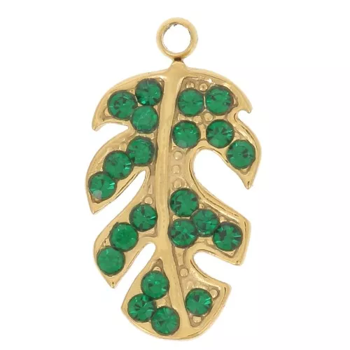 Breloque feuille 15x8 mm avec strass - Acier inoxydable 304L - Vert x1