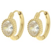 Créoles rondes 16 mm - cabochon ovale oxyde de zirconium - Acier Inox 304L Doré x2