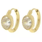 Créoles rondes 16 mm - cabochon ovale oxyde de zirconium - Acier Inox 304L Doré x2