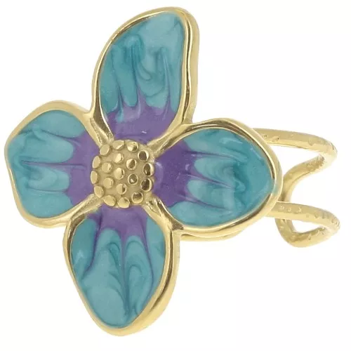 Bague fleur 23x21 mm avec résine époxy - Acier inox 304L Doré - Bleu nacré x1