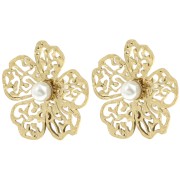 Boucles d'oreilles fleur filigranée 24x26mm imit nacre - Acier inox 304L Doré x2