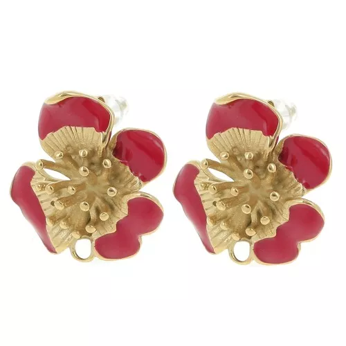 Clous d'oreilles fleur 21 mm avec résine époxy - Acier inox 304L Doré - Rouge x2