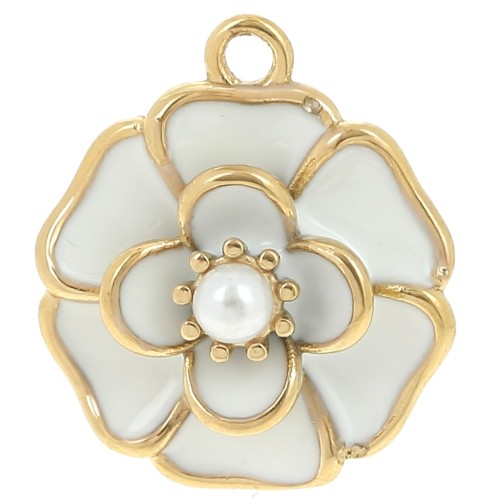 Pendentif fleur 20 mm avec perle imitation nacre - Acier inox 304L Doré - Blanc x1