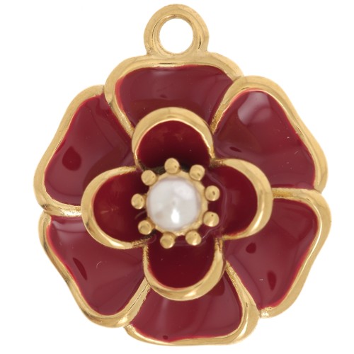 Pendentif fleur 20 mm avec perle imitation nacre - Acier inox 304L Doré - Rouge x1