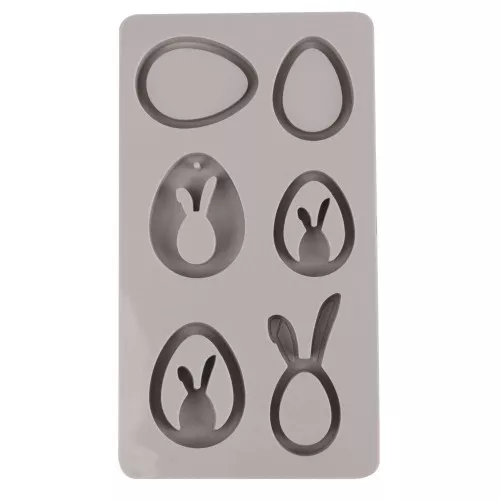 Moule en silicone 26x14.5 cm - 6 formes Oeufs et Lapin Pendentif - Gris x1