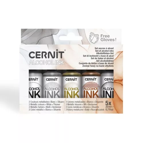 Assortiment d'encres à alcool Cernit - Couleurs métallisées, blanc et diluant x5
