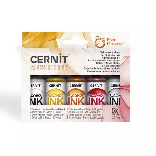 Assortiment d'encres à alcool Cernit - Couleurs chaudes, blanc et diluant x5