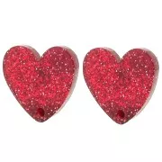 Clous d'oreilles coeur en acrylique 14x15.5 mm - Pailleté rouge x2