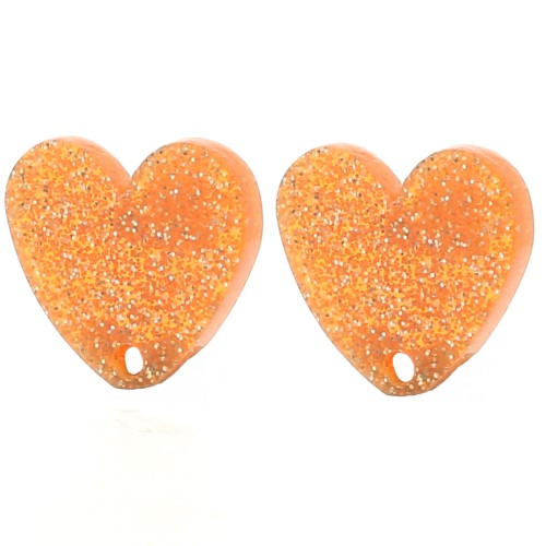 Clous d'oreilles coeur en acrylique 14x15.5 mm - Pailleté orange x2