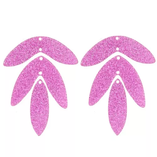 Set de 6 pendentifs feuilles 62x45 mm en acrylique à monter - Pailleté rose