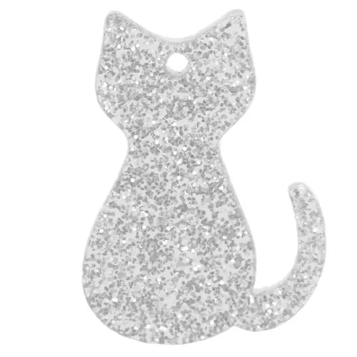 Pendentif chat 21x15 mm en acrylique - Pailleté argenté x1