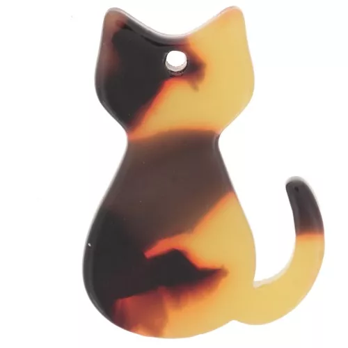 Pendentif chat 21x15 mm en acrylique - Ecaille de tortue - Marron - Noir x1