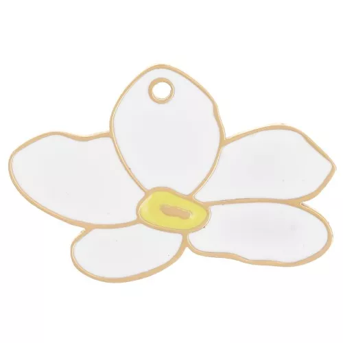 Breloque fleur Pensée 13x20 mm résine époxy - Acier inox 304L Doré - Blanc x1